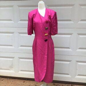 VTG Regina Kravitz Pink Midi Dress Women's Sz 8 Linen Blend 80s 90s Toggle Wrap
